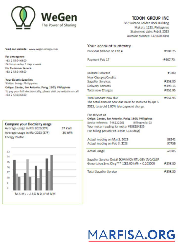 Printable WeGen Energy Philippines utility business bill, SCR example